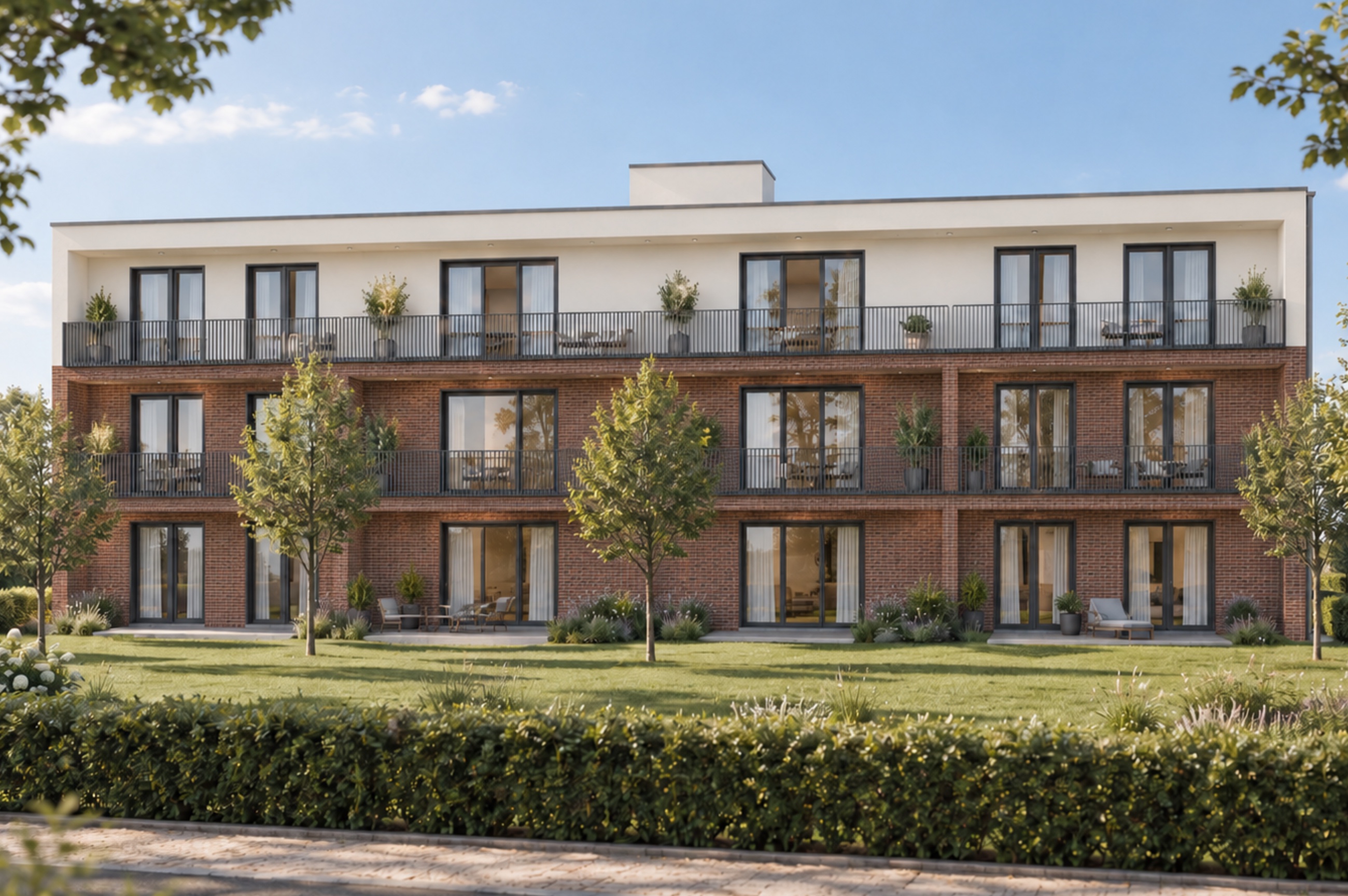 Zweite Architekturvisualisierung des geplanten Mehrfamilienhauses mit Terrassen und großen Fenstern